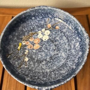Japanese Stoneware Blue Speckled Bowl Floral Branch Motif Rustic Pottery